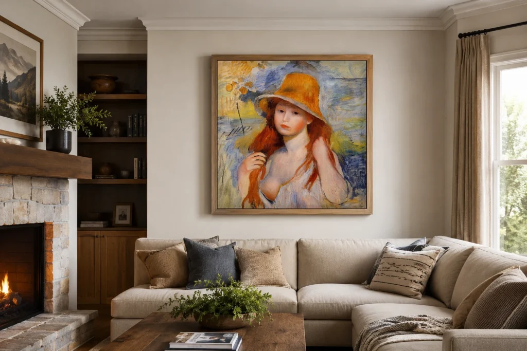 Framed print of Young Woman in a Straw Hat, Blue Background and Fruit hanging on a wall in a furnished room