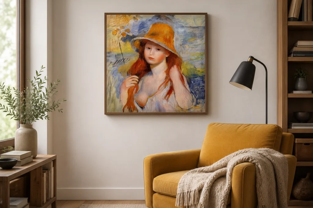 Framed print of Young Woman in a Straw Hat, Blue Background and Fruit hanging on a wall in a furnished room