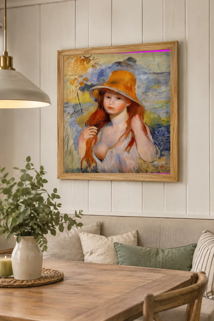 Framed print of Young Woman in a Straw Hat, Blue Background and Fruit hanging on a wall in a furnished room