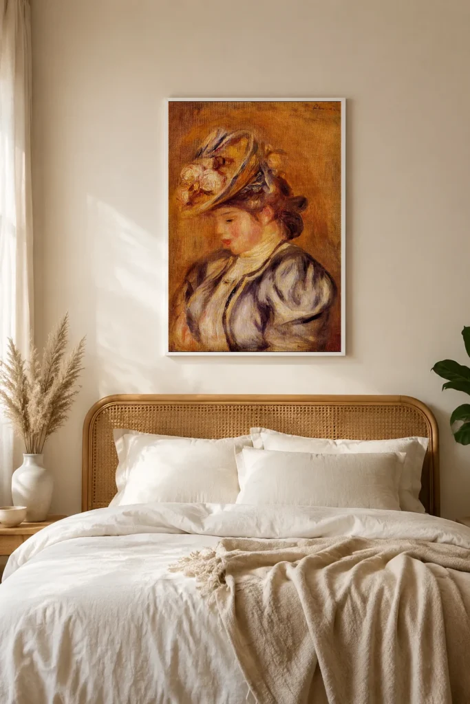 Framed print of Young Woman with a Flowered Hat hanging on a wall in a furnished room