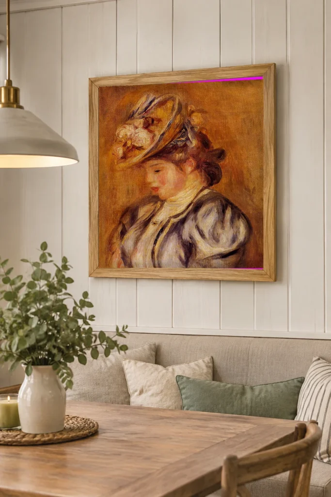 Framed print of Young Woman with a Flowered Hat hanging on a wall in a furnished room