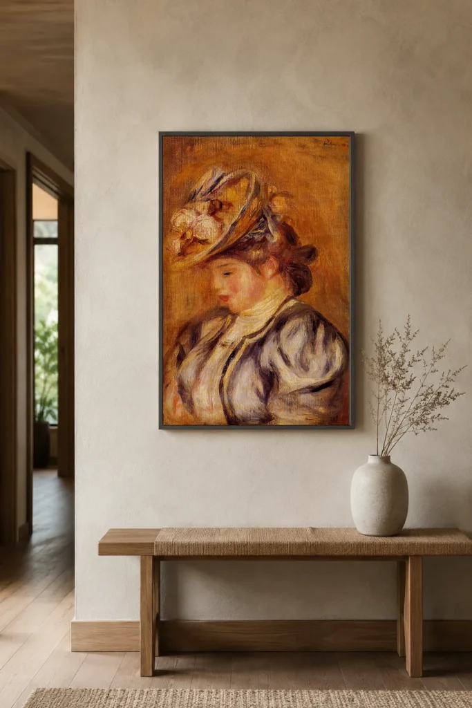 Framed print of Young Woman with a Flowered Hat hanging on a wall in a furnished room
