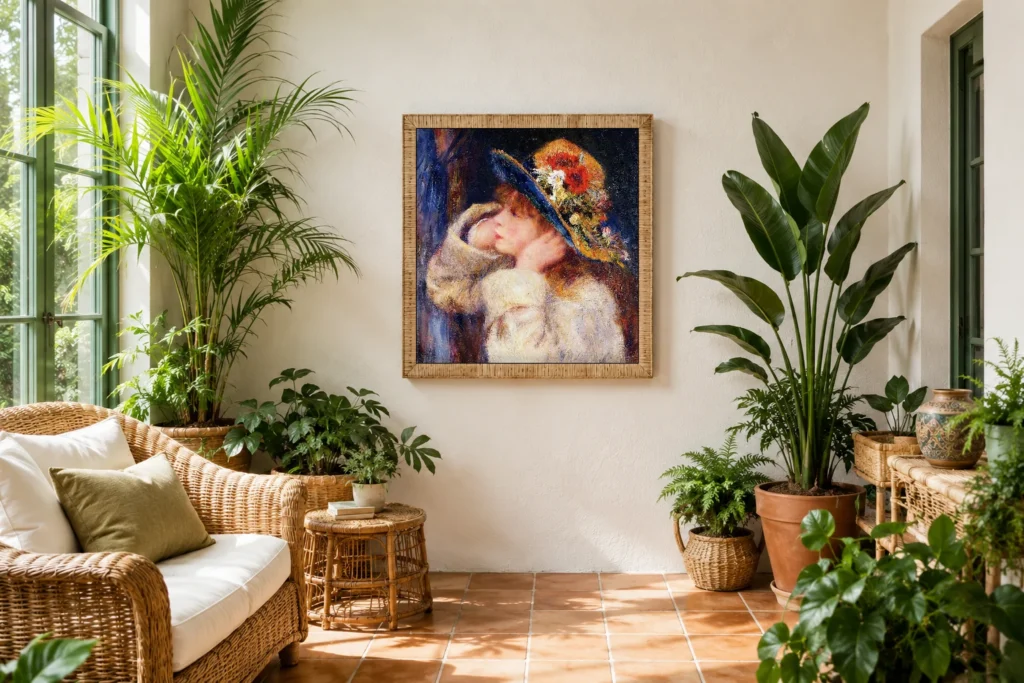 Framed print of Young Woman with a Hat Trimmed with Wildflowers hanging on a wall in a furnished room