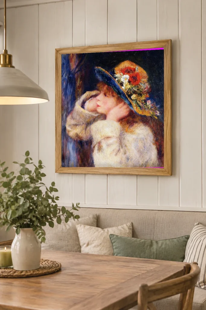 Framed print of Young Woman with a Hat Trimmed with Wildflowers hanging on a wall in a furnished room