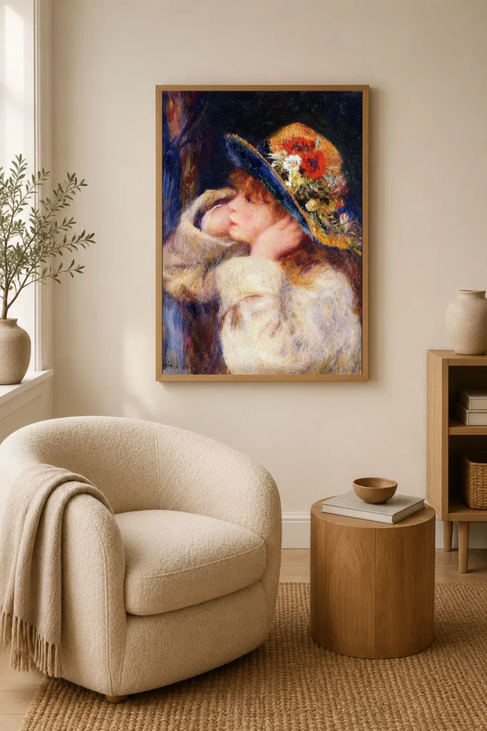 Framed print of Young Woman with a Hat Trimmed with Wildflowers hanging on a wall in a furnished room