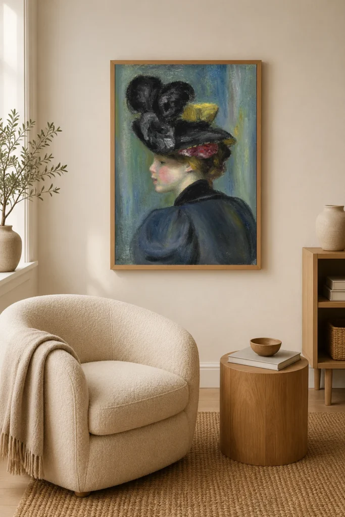 Framed print of Young Woman in a Black Hat hanging on a wall in a furnished room