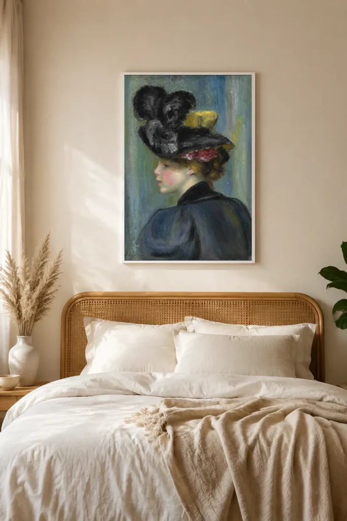 Framed print of Young Woman in a Black Hat hanging on a wall in a furnished room