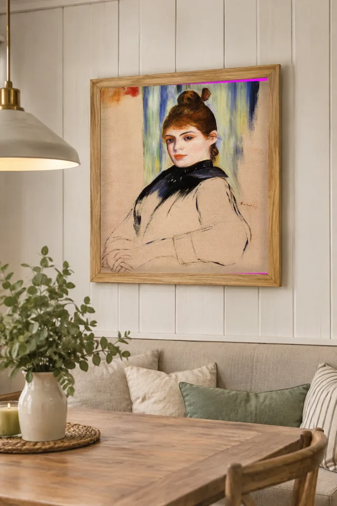 Framed print of Young Woman with a Chignon hanging on a wall in a furnished room
