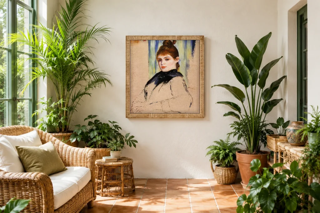 Framed print of Young Woman with a Chignon hanging on a wall in a furnished room