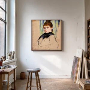 Framed print of Young Woman with a Chignon hanging on a wall in a furnished room