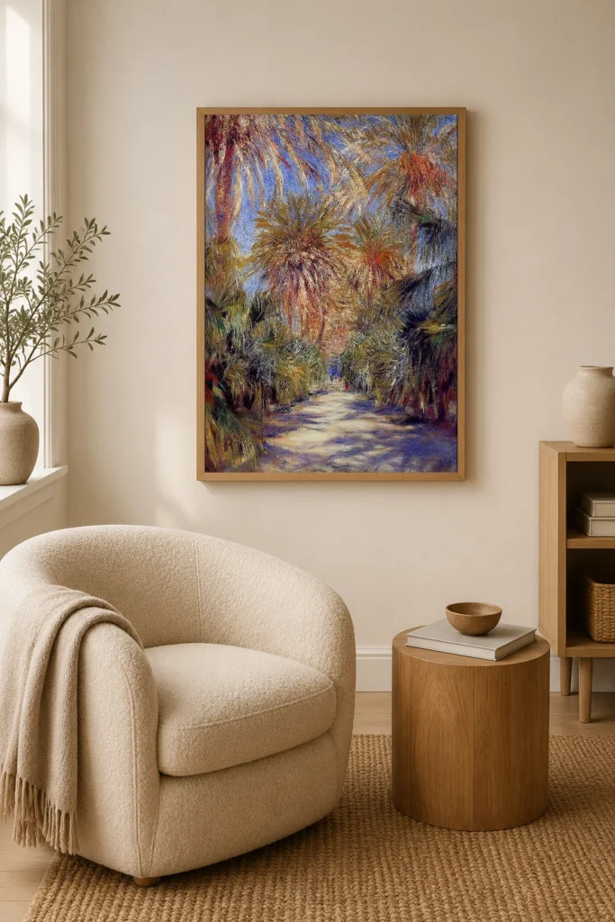 Framed print of Algiers, the Garden of Trial hanging on a wall in a furnished room