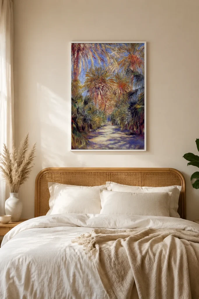 Framed print of Algiers, the Garden of Trial hanging on a wall in a furnished room