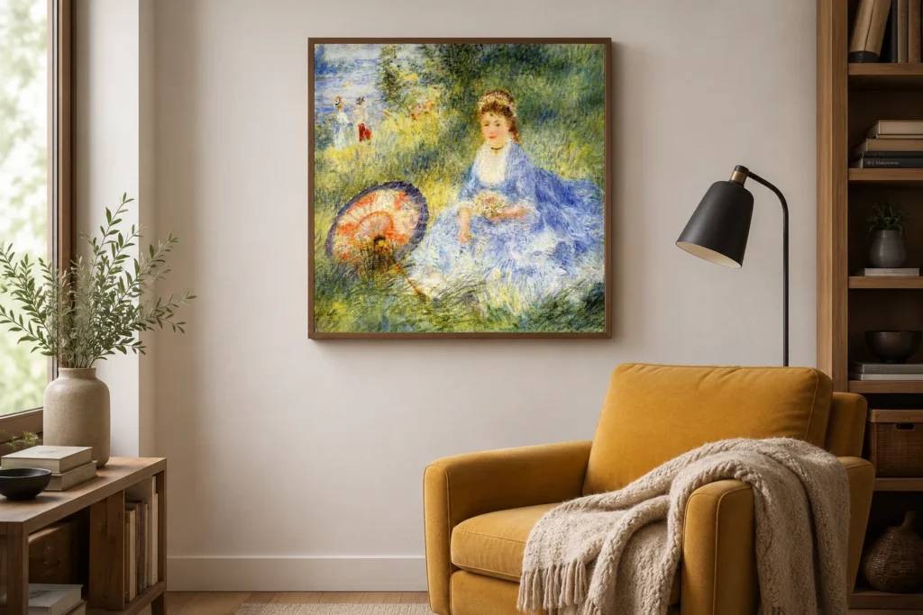 Framed print of Young Woman with a Japanese Parasol hanging on a wall in a furnished room