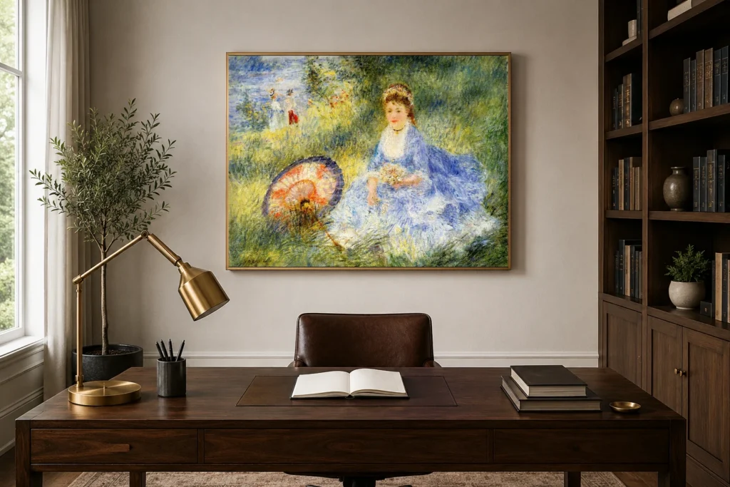 Framed print of Young Woman with a Japanese Parasol hanging on a wall in a furnished room