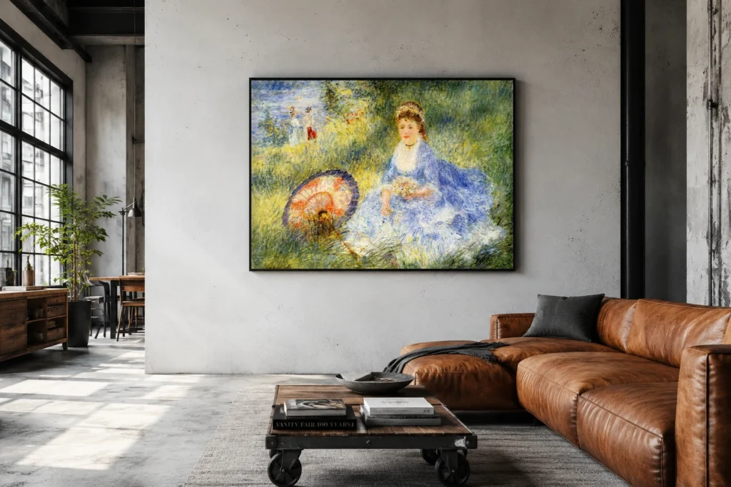 Framed print of Young Woman with a Japanese Parasol hanging on a wall in a furnished room