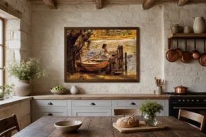 Framed print of Young Woman in a Boat hanging on a wall in a furnished room