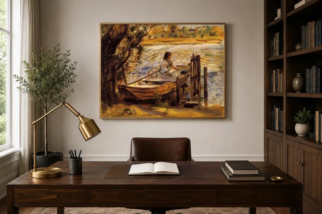 Framed print of Young Woman in a Boat hanging on a wall in a furnished room