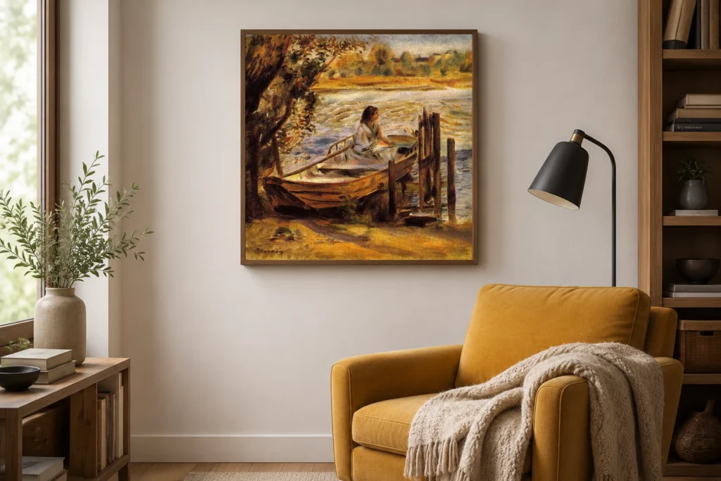 Framed print of Young Woman in a Boat hanging on a wall in a furnished room