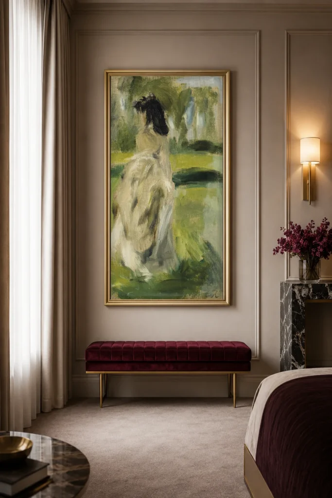 Framed print of Jeune femme debout (Lise Tréhot) hanging on a wall in a furnished room