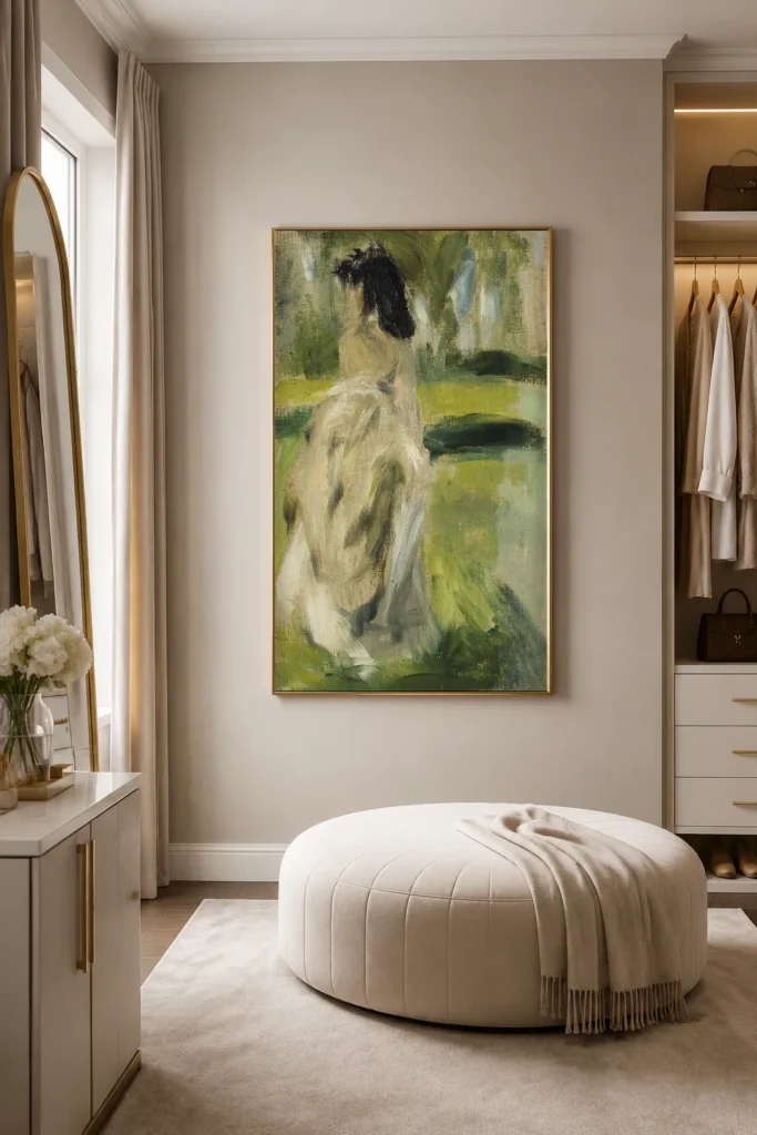 Framed print of Jeune femme debout (Lise Tréhot) hanging on a wall in a furnished room