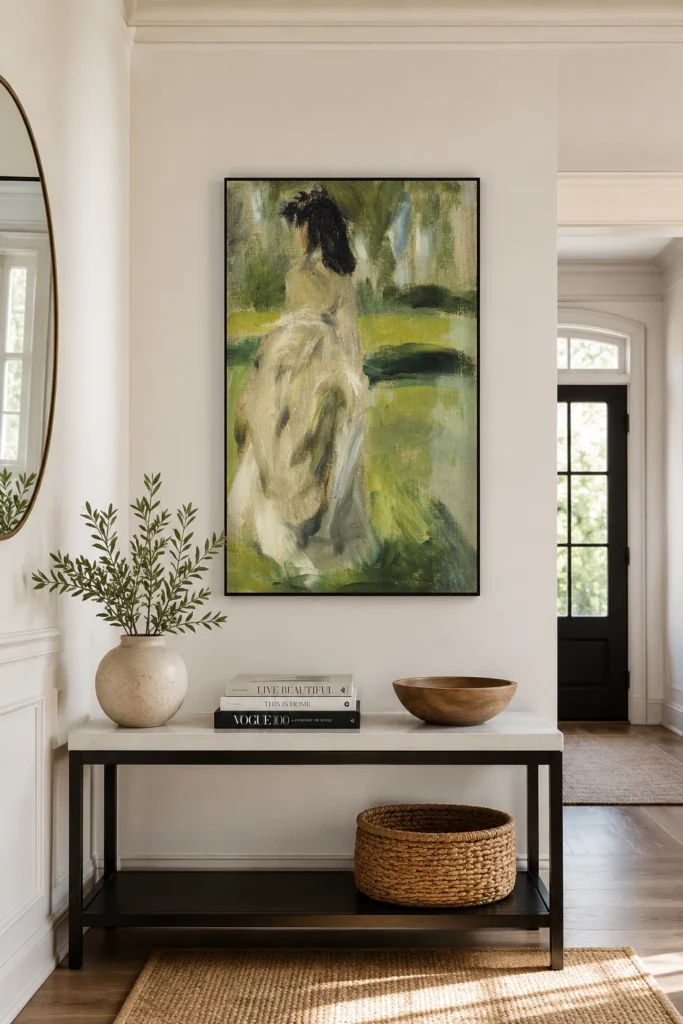 Framed print of Jeune femme debout (Lise Tréhot) hanging on a wall in a furnished room