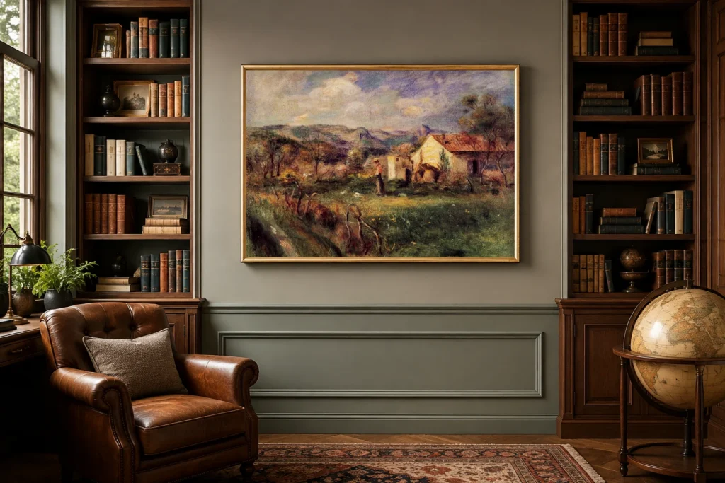 Framed print of Young Woman Standing Near a Farm at Milly hanging on a wall in a furnished room