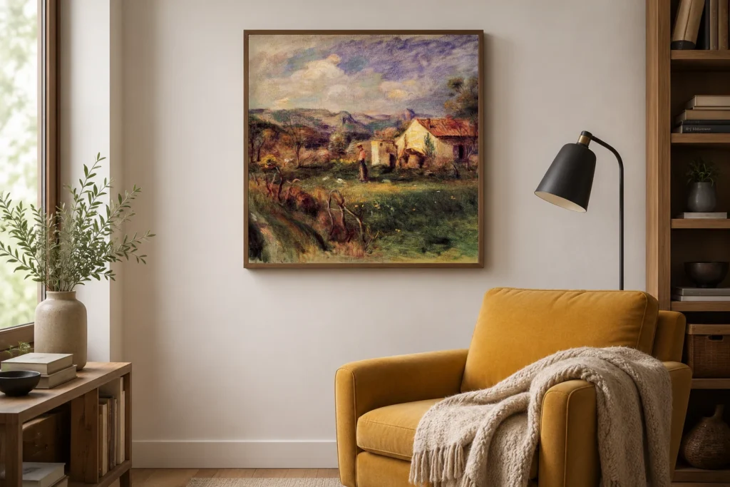 Framed print of Young Woman Standing Near a Farm at Milly hanging on a wall in a furnished room