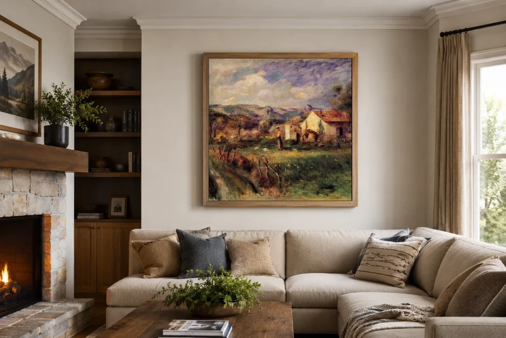 Framed print of Young Woman Standing Near a Farm at Milly hanging on a wall in a furnished room