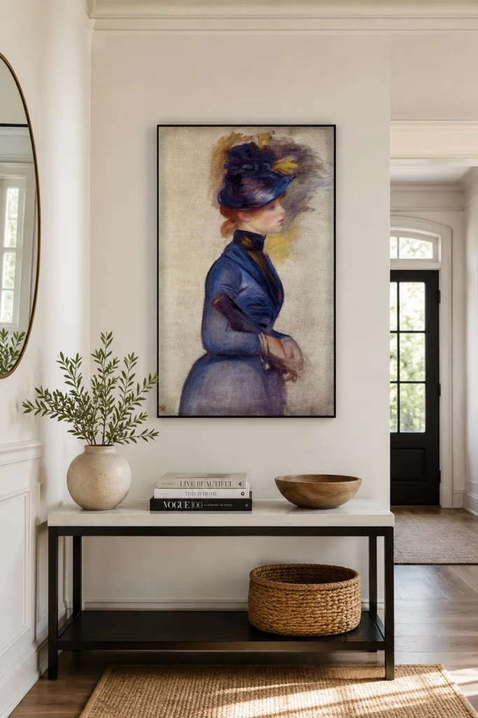 Framed print of Young Woman in Blue at the Conservatory hanging on a wall in a furnished room
