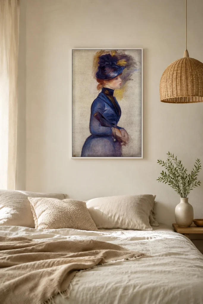 Framed print of Young Woman in Blue at the Conservatory hanging on a wall in a furnished room