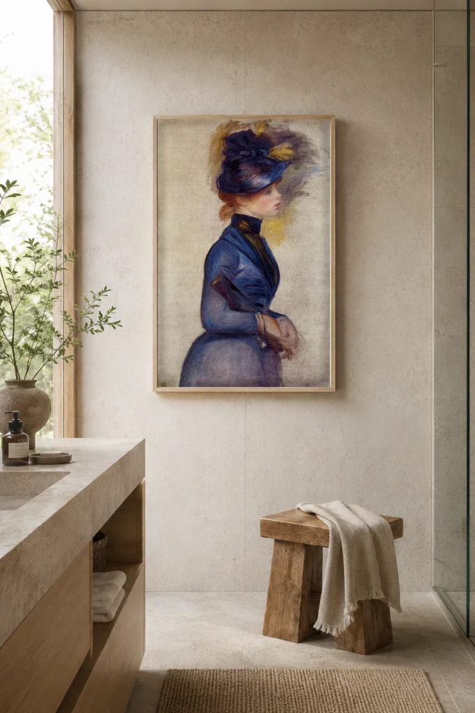 Framed print of Young Woman in Blue at the Conservatory hanging on a wall in a furnished room