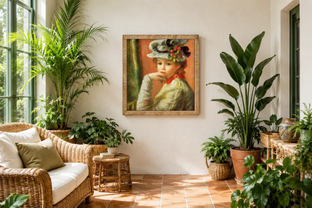 Framed print of Young Woman in a White Hat with Red Berries hanging on a wall in a furnished room
