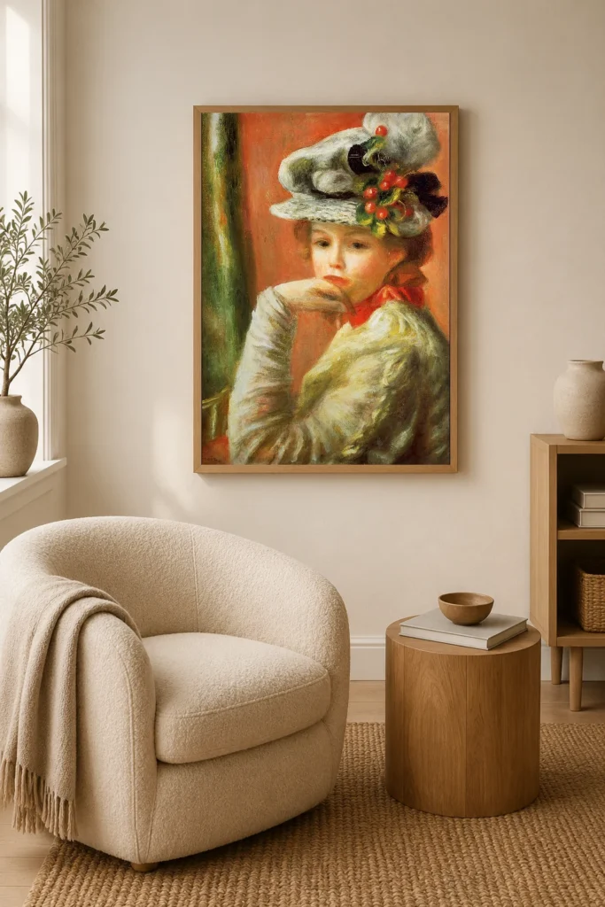 Framed print of Young Woman in a White Hat with Red Berries hanging on a wall in a furnished room