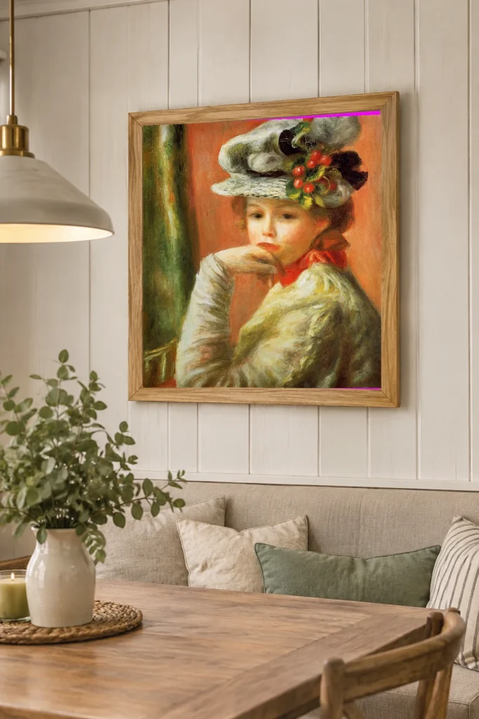 Framed print of Young Woman in a White Hat with Red Berries hanging on a wall in a furnished room
