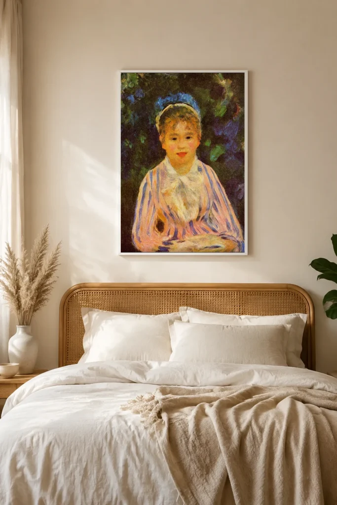 Framed print of Young Woman in a Shirt with Blue and Pink Stripes hanging on a wall in a furnished room