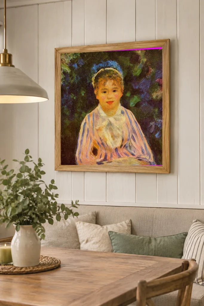 Framed print of Young Woman in a Shirt with Blue and Pink Stripes hanging on a wall in a furnished room