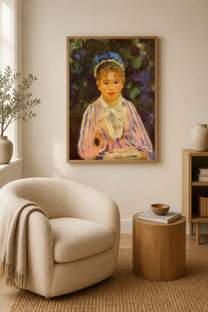 Framed print of Young Woman in a Shirt with Blue and Pink Stripes hanging on a wall in a furnished room