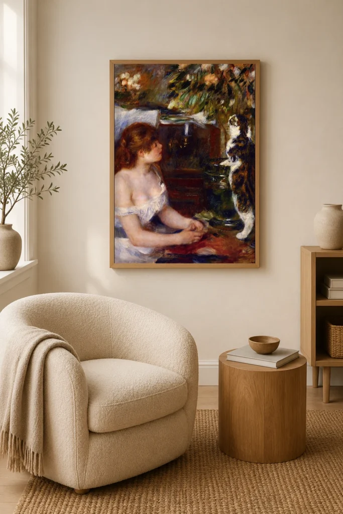 Framed print of Young Woman and Cat hanging on a wall in a furnished room