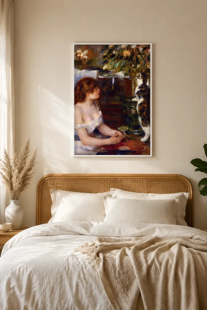 Framed print of Young Woman and Cat hanging on a wall in a furnished room