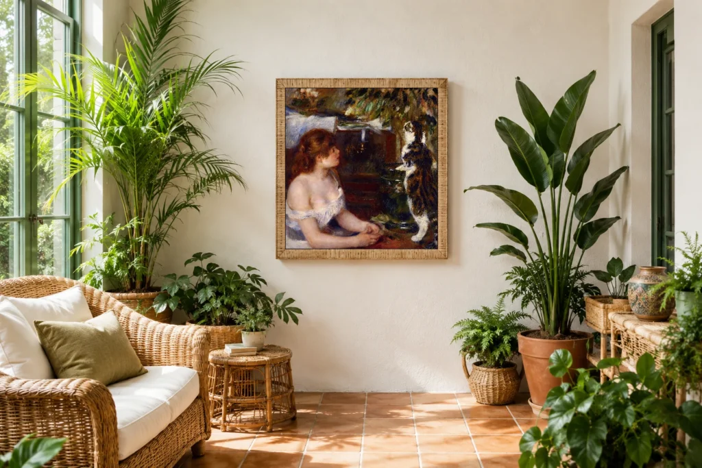 Framed print of Young Woman and Cat hanging on a wall in a furnished room