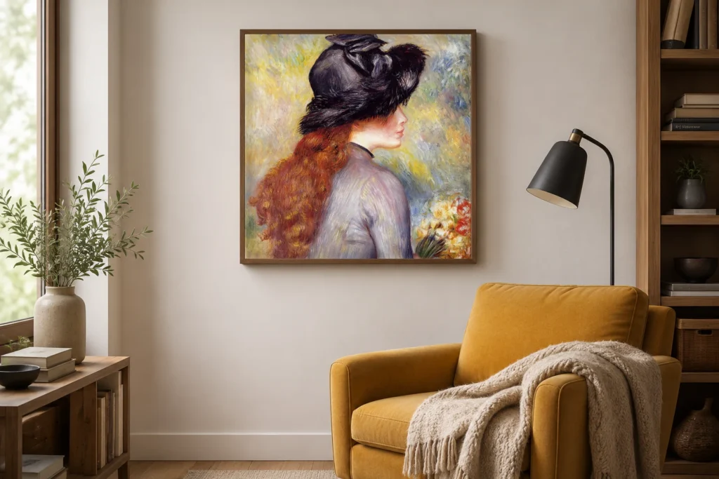 Framed print of Young Woman Holding a Bouquet of Tulips hanging on a wall in a furnished room