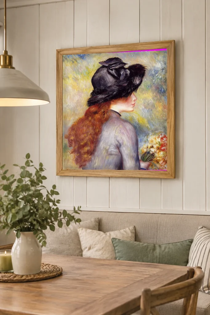 Framed print of Young Woman Holding a Bouquet of Tulips hanging on a wall in a furnished room