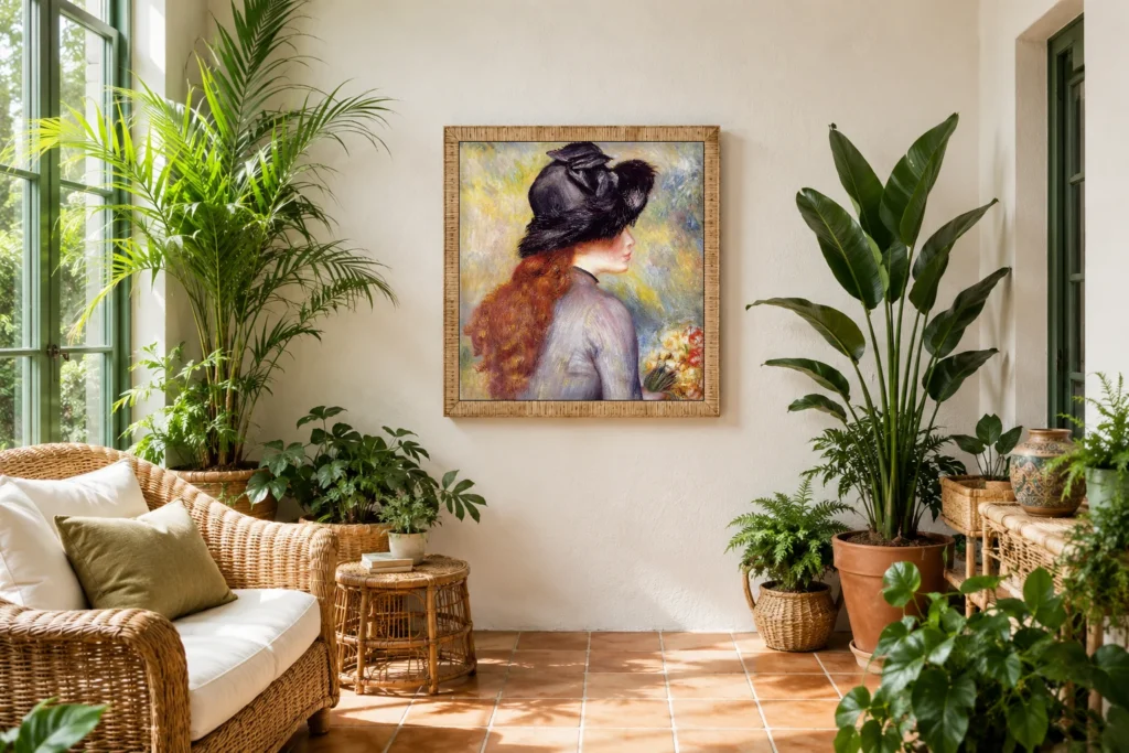 Framed print of Young Woman Holding a Bouquet of Tulips hanging on a wall in a furnished room