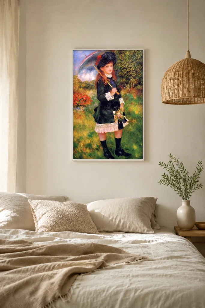 Framed print of Jeune femme à l’ombrelle (Alice Nunès) hanging on a wall in a furnished room