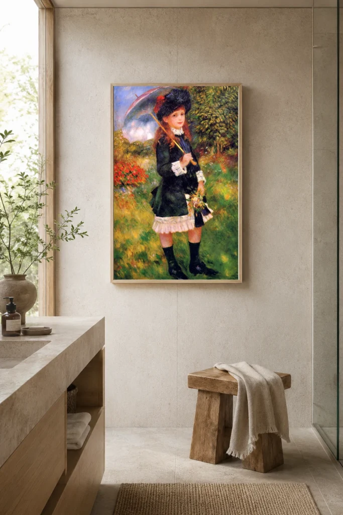 Framed print of Jeune femme à l’ombrelle (Alice Nunès) hanging on a wall in a furnished room