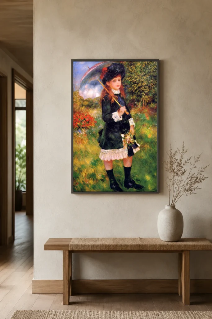 Framed print of Jeune femme à l’ombrelle (Alice Nunès) hanging on a wall in a furnished room