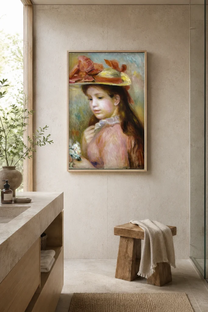 Framed print of Girl in a Hat hanging on a wall in a furnished room