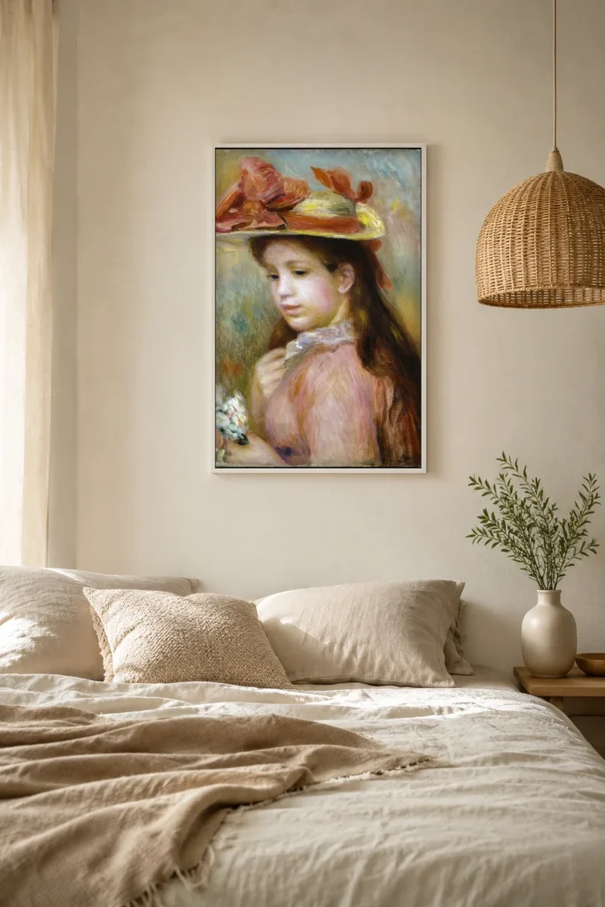 Framed print of Girl in a Hat hanging on a wall in a furnished room