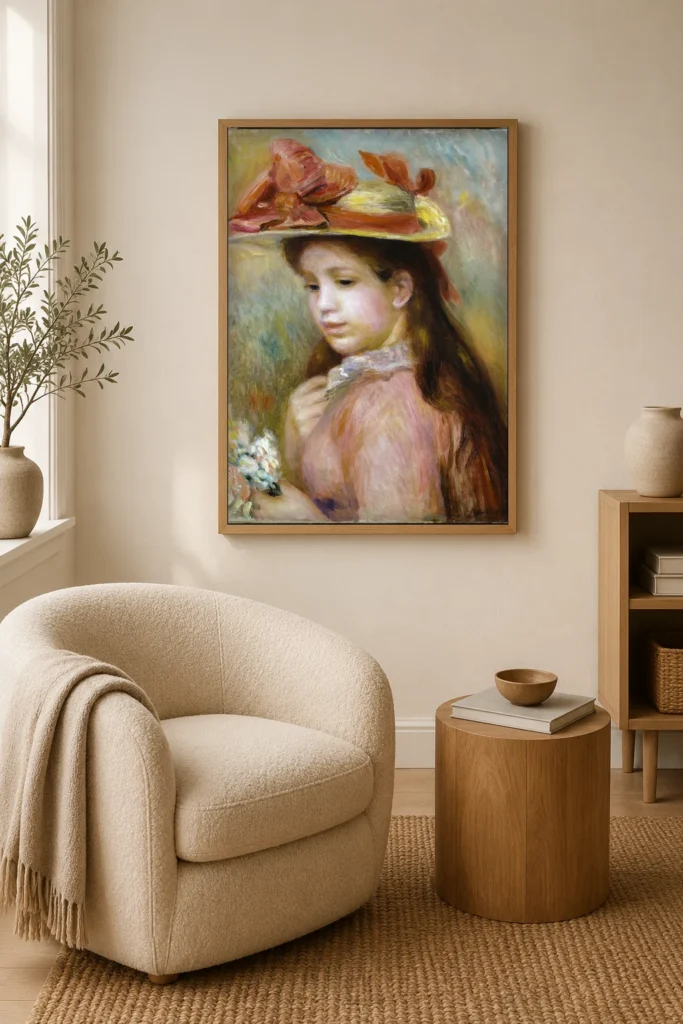 Framed print of Girl in a Hat hanging on a wall in a furnished room