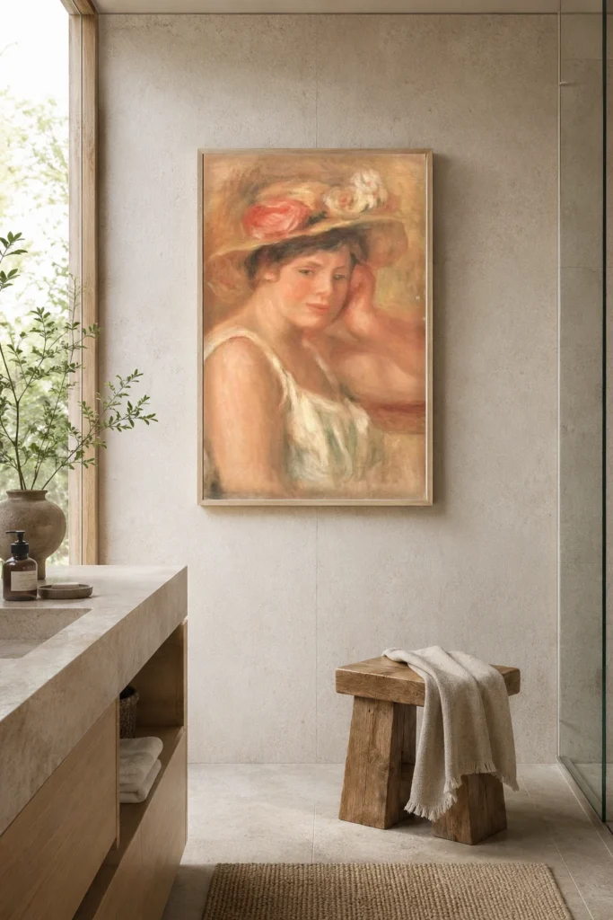 Framed print of Girl in a Hat hanging on a wall in a furnished room